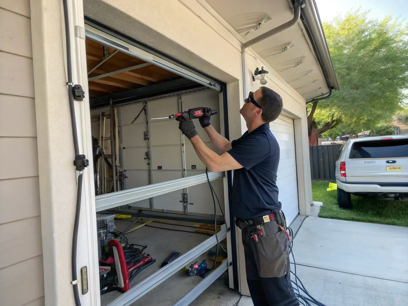 A skilled technician is shown repairing a garage door, using professional tools to fix a broken spring. The setting is a typical residential garage.