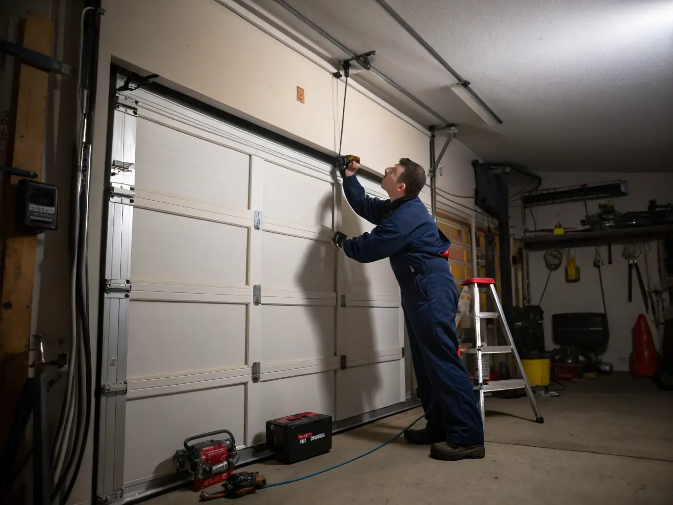 A technician is performing routine maintenance on a garage door, lubricating the moving parts to ensure smooth operation. The setting is a well-maintained garage.
