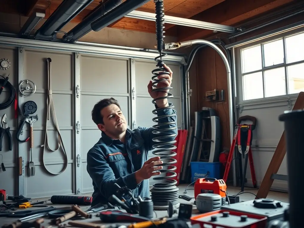 A technician repairing a garage door spring, highlighting GarageGuardians' expertise in handling various types of garage door repairs. The technician is using safety equipment.