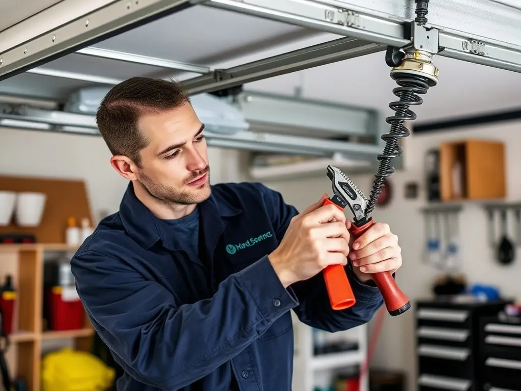 A GarageGuardians technician repairing a garage door spring, highlighting their expertise in diagnosing and fixing issues.