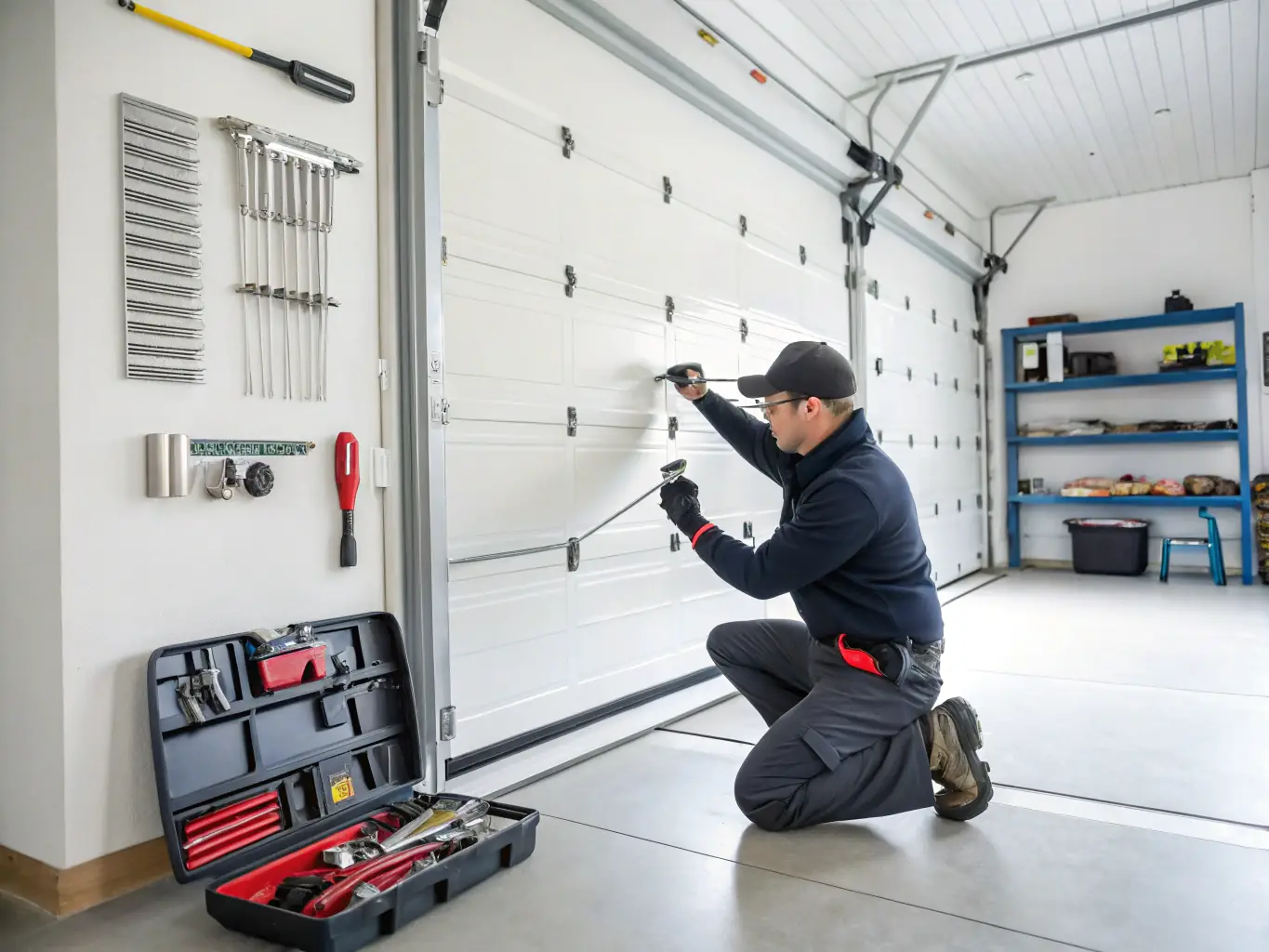 A technician performing routine maintenance on a garage door, including lubricating moving parts and inspecting the system for potential issues, demonstrating GarageGuardians' commitment to preventative care.