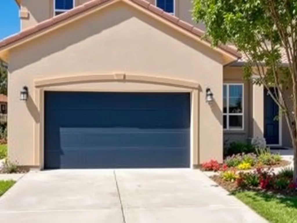A newly installed modern garage door with a clean, minimalist design, showcasing the quality and aesthetic appeal of GarageGuardians' installation services. The door is made of steel and has horizontal lines.