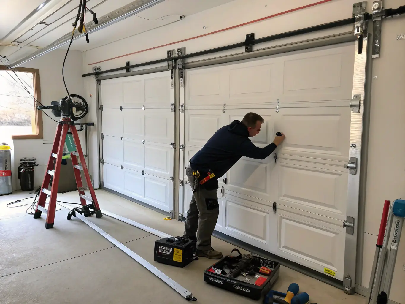 A GarageGuardians technician expertly installing a new garage door, showcasing precision and attention to detail.
